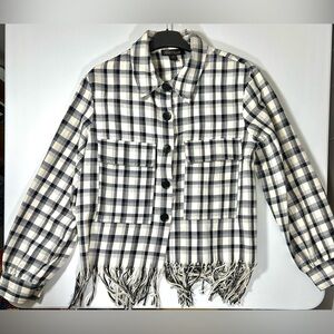Renuar Womens Black White Checker Button Up Top Bottom Fringe Size M